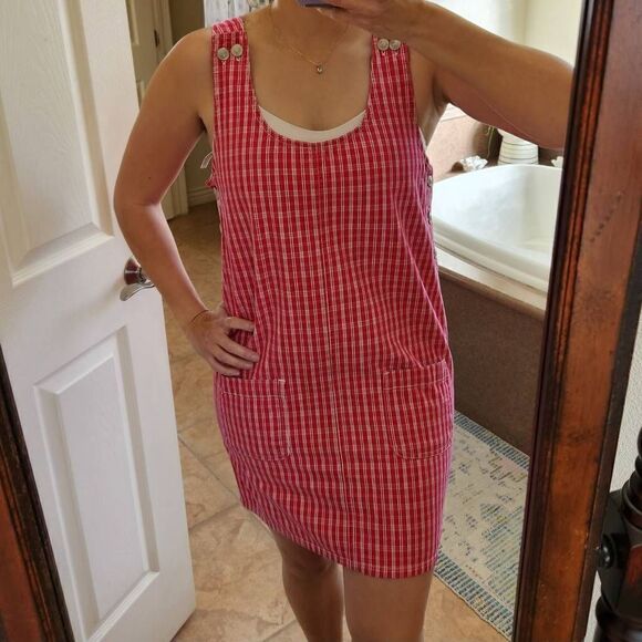 No excuses Sexy Tough Jeanwear 90s red plaid overall mini dress M 100% cotton - Picture 1 of 5